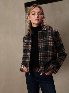 Banana Republic Plaid Wool-Blend Coat in Gray & Pink